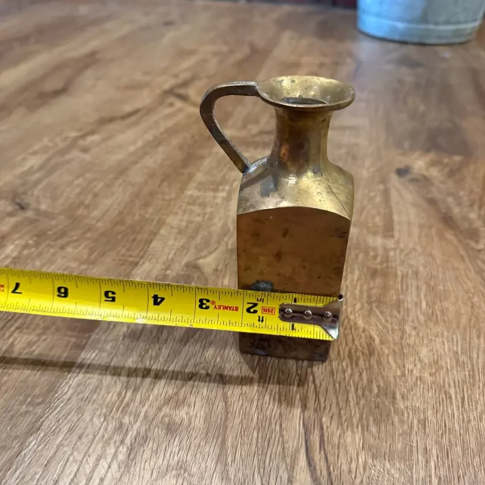 Vintage 6” Solid Cast Brass Square Pitcher Jug Vase Cruet Farmhouse Cottagecore